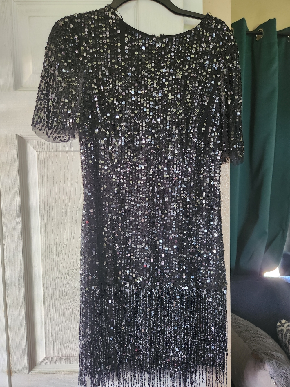 Adrianna Papell Black Sequin Fringe Midi Dress